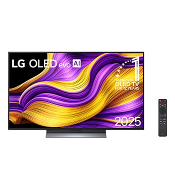 Vista frontal da Smart TV 4K LG OLED evo AI G5. O emblema “12 anos como a OLED número 1 do mundo” e o logotipo da LG OLED evo AI 2025 estão na tela.