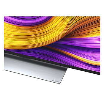 Vista frontal e lateral da Smart TV 4K LG OLED evo AI G5, mostrando suas dimensões de comprimento, largura, altura e profundidade.