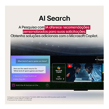 Conteúdo de ficção científica sendo reproduzido na tela de uma LG TV. Na tela aparece a interface do AI Chatbot. O usuário enviou uma mensagem ao chatbot dizendo que a tela está muito escura. O chatbot ofereceu soluções para a solicitação. A cena inteira está dividida em duas partes. Um lado é mais escuro, o outro lado é mais claro, mostrando como o AI Chatbot resolveu o problema para o usuário automaticamente. O texto explica que o Al Chatbot pode entender a intenção do usuário e fornecer soluções para resolver problemas.