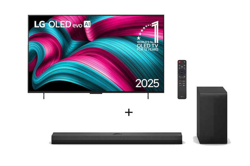 Vista frontal de Combo Smart TV LG OLED evo AI C5 4K de 48 polegadas 2025 + Soundbar LG S70TY Dolby Atmos, Canais 3.1.1 e 400W RMS OLED48C5.S70TY