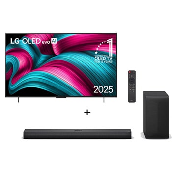 Vista frontal de Combo Smart TV LG OLED evo AI C5 4K de 48 polegadas 2025 + Soundbar LG S70TY Dolby Atmos, Canais 3.1.1 e 400W RMS OLED48C5.S70TY