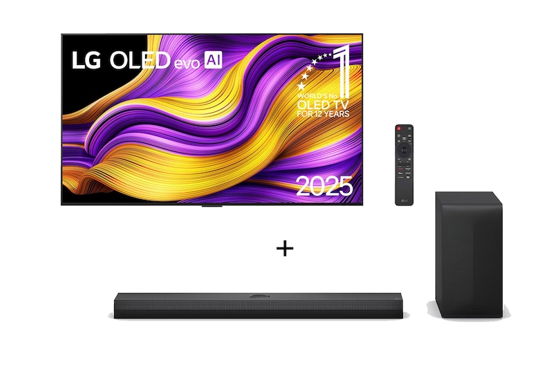 Vista frontal de Combo Smart TV LG OLED evo AI G5 4K de 55 polegadas 2025 + Soundbar LG S70TY Dolby Atmos, Canais 3.1.1 e 400W RMS OLED55G5.S70TY