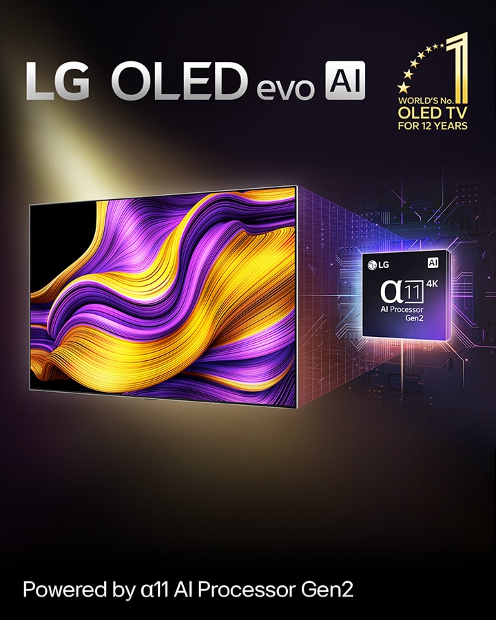 Na tela de uma LG OLED evo AI TV, há uma imagem abstrata com detalhes, cores e contraste impressionantes. Uma versão ampliada do processador alpha 11 AI Gen2 está atrás da TV. Ele brilha com uma luz que ilumina os circuitos do microchip ao seu redor. O título diz LG OLED evo AI. O texto também é visível, com a tecnologia do processador LG alpha 11 AI Gen2. No canto, um logotipo dourado com estrelas diz: a OLED TV número um do mundo, há 12 anos. 