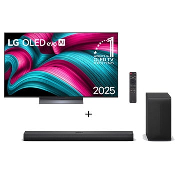 Vista frontal de Combo Smart TV LG OLED evo AI C5 4K de 65 polegadas 2025 + Soundbar LG S70TY Dolby Atmos, Canais 3.1.1 e 400W RMS OLED65C5.S70TY