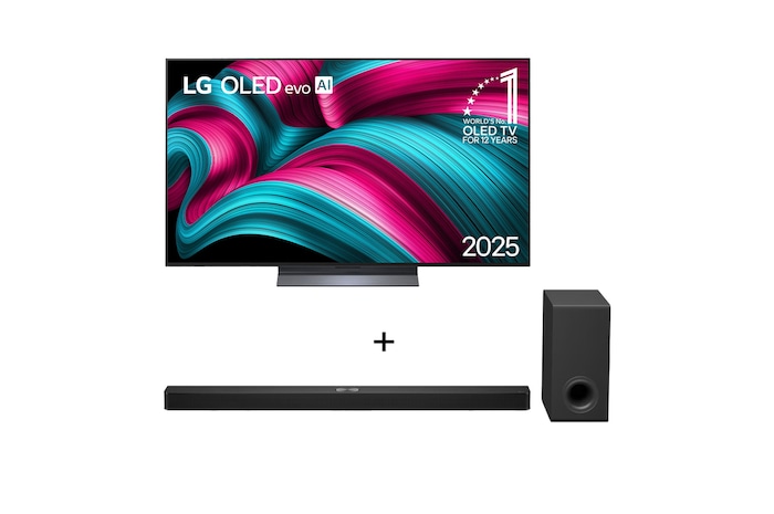 Vista frontal da Smart TV 4K LG OLED evo AI C5. O emblema “12 anos como a OLED número 1 do mundo” e o logotipo da LG OLED evo AI 2025 aparecem na tela.