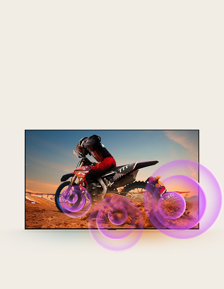 A LG OLED TV mostra um homem em uma motocicleta com círculos abstratos roxos saindo da roda, simulando ondas sonoras.