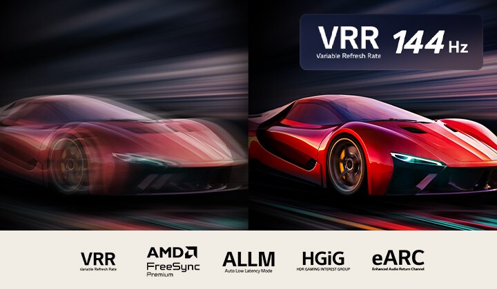 Duas imagens de um carro em um videogame, lado a lado. Uma mostra muito desfoque de movimento. A outra é nítida e em foco, mostrando a alta taxa de quadros da LG QNED TV. O logotipo VRR e o logotipo de 144 Hz estão no canto superior direito.
