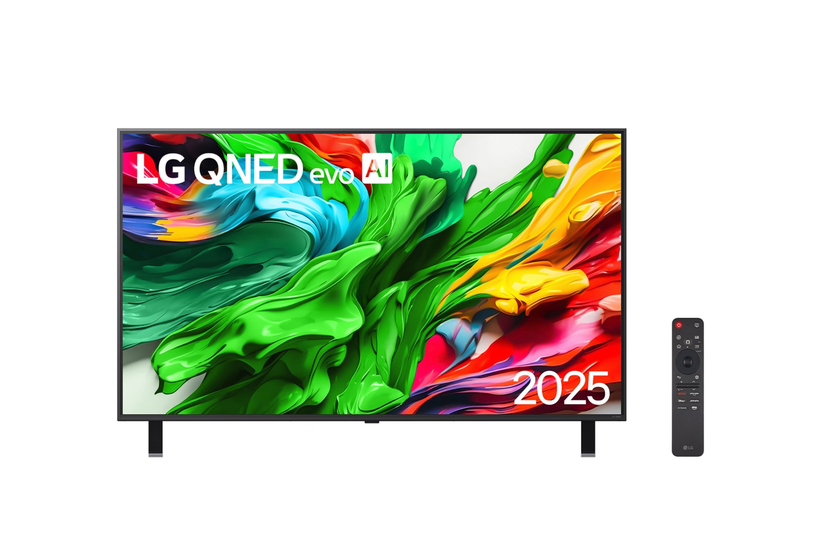 Vista frontal da LG QNED evo QNED85 TV, logotipo da LG QNED evo Al no canto superior. A LG QNED evo QNED85 TV mostra texturas coloridas de pinturas se fundindo.