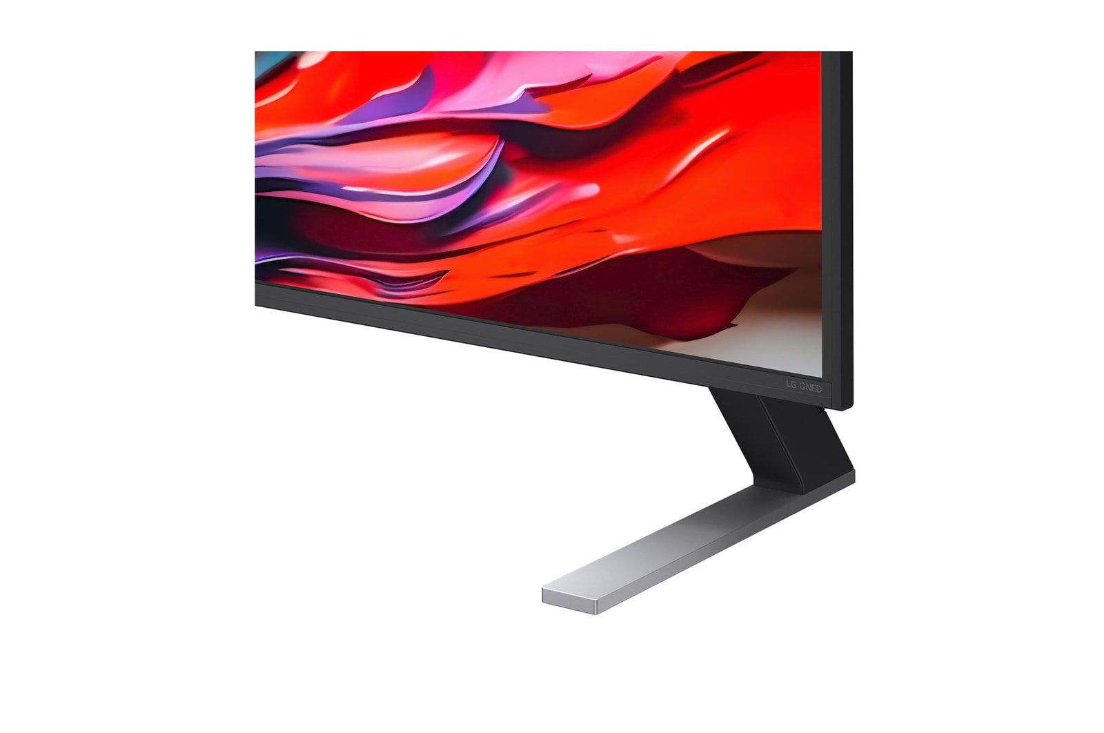 Vista frontal e lateral da Smart TV 4K LG QNED evo AI QNED85, mostrando suas dimensões de comprimento, largura, altura e profundidade.