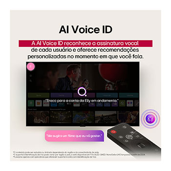 AI Magic Remote de LG frente a la pantalla de una LG TV. En la pantalla, aparece un saludo personalizado de LG AI con palabras clave personalizadas basadas en el historial de búsquedas y visualizaciones del usuario. En el control remoto hay un ícono y una etiqueta en los que se indica que se puede acceder fácilmente a las funciones de AI Concierge con solo pulsar brevemente el botón de IA. 