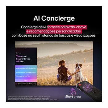 Conteúdo de ficção científica sendo reproduzido na tela de uma LG TV. Na tela aparece a interface do AI Chatbot. O usuário enviou uma mensagem ao chatbot dizendo que a tela está muito escura. O chatbot ofereceu soluções para a solicitação. A cena inteira está dividida em duas partes. Um lado é mais escuro, o outro lado é mais claro, mostrando como o AI Chatbot resolveu o problema para o usuário automaticamente. O texto explica que o Al Chatbot pode entender a intenção do usuário e fornecer soluções para resolver problemas.