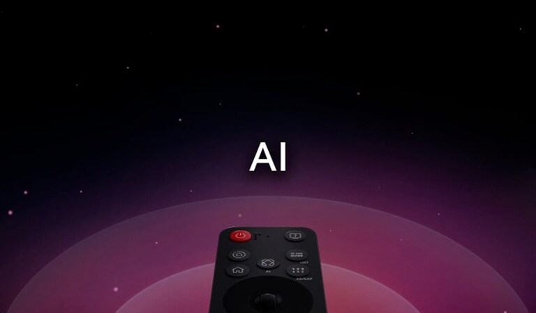 LG AI Magic Remote em um fundo abstrato. O botão AI está destacado. Há uma representação gráfica da interface do usuário com ícones de como o botão AI permite que os usuários acessem diferentes funcionalidades de IA. Os serviços incluem AI Voice ID, AI Search, AI Chatbot, AI Concierge, AI Picture Wizard e AI Sound Wizard. A funcionalidade semelhante a um mouse é então apresentada quando o cursor aparece sobre uma interface, mostrando como o controle remoto oferece controles simplificados.