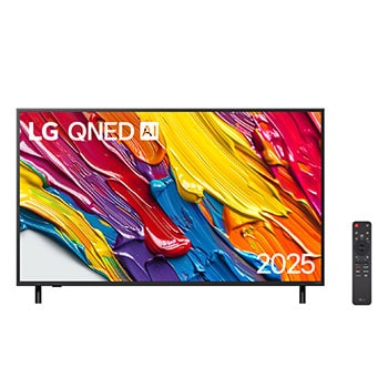 Vista frontal da LG QNED82 TV, logotipo da LG QNED Al no canto superior. A LG QNED TV mostra texturas coloridas de pinturas se fundindo.