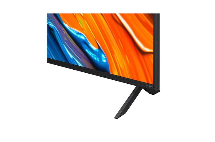 Vista frontal e lateral da Smart TV 4K LG QNED82 AI, mostrando suas dimensões de comprimento, largura, altura e profundidade.