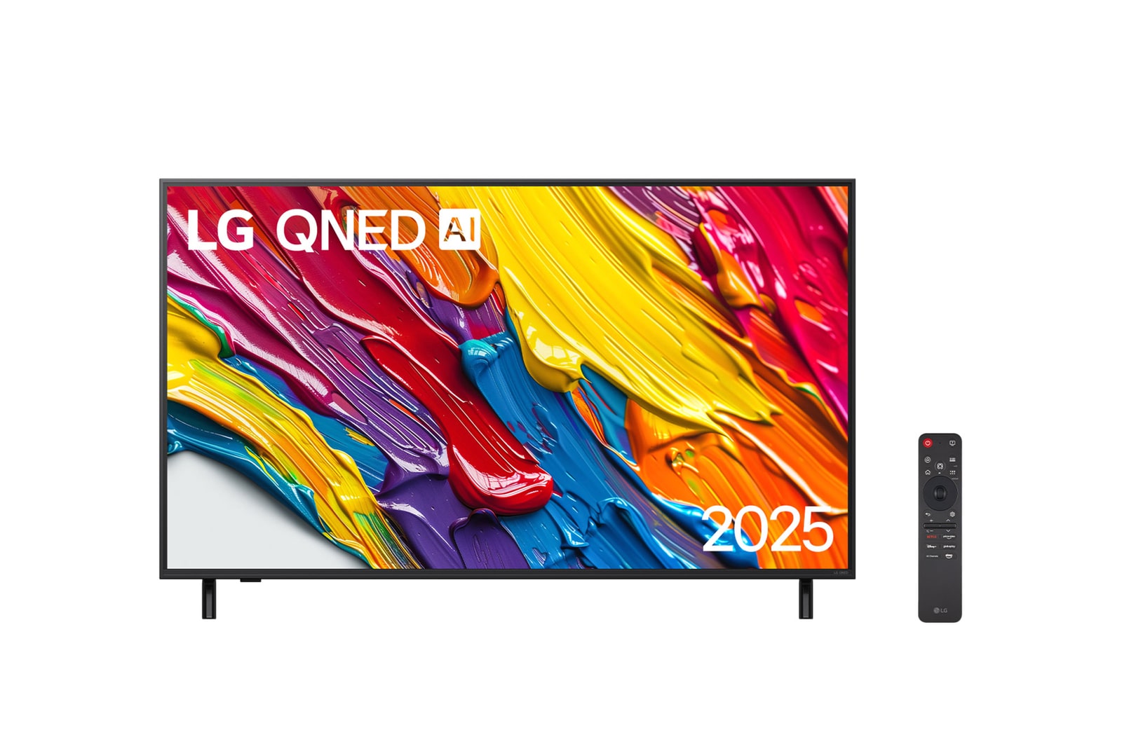 Vista frontal da LG QNED82 TV, logotipo da LG QNED Al no canto superior. A LG QNED TV mostra texturas coloridas de pinturas se fundindo.