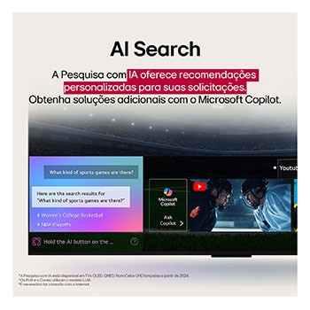 Um LG AI Magic Remote em frente à tela de uma LG TV. Uma saudação personalizada da LG AI é exibida na tela, com palavras-chave personalizadas baseadas na pesquisas do usuário e no histórico de visualização. Junto ao controle remoto há um ícone e um rótulo mostrando que a funcionalidade AI Concierge é facilmente acessível com um breve toque no botão AI. 