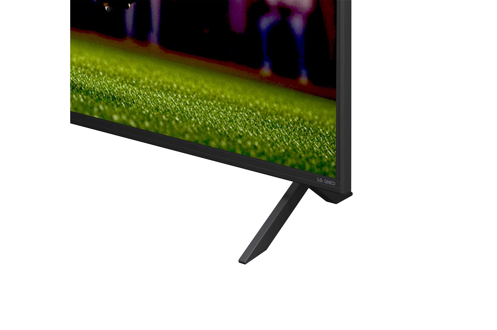 Vista frontal e lateral da Smart TV 4K LG QNED82 AI, mostrando suas dimensões de comprimento, largura, altura e profundidade.