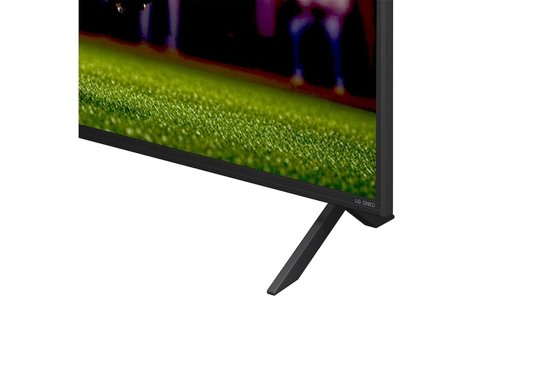 Vista frontal e lateral da Smart TV 4K LG QNED82 AI, mostrando suas dimensões de comprimento, largura, altura e profundidade.
