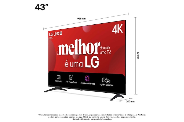 Vista frontal e lateral da Smart TV 4K LG UHD AI UA75, mostrando suas dimensões de comprimento, largura, altura e profundidade.