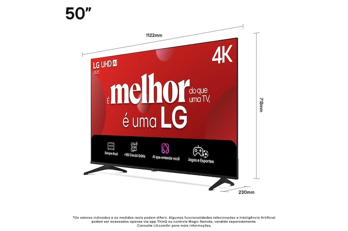 Vista frontal e lateral da Smart TV 4K LG UHD AI UA75, mostrando suas dimensões de comprimento, largura, altura e profundidade.