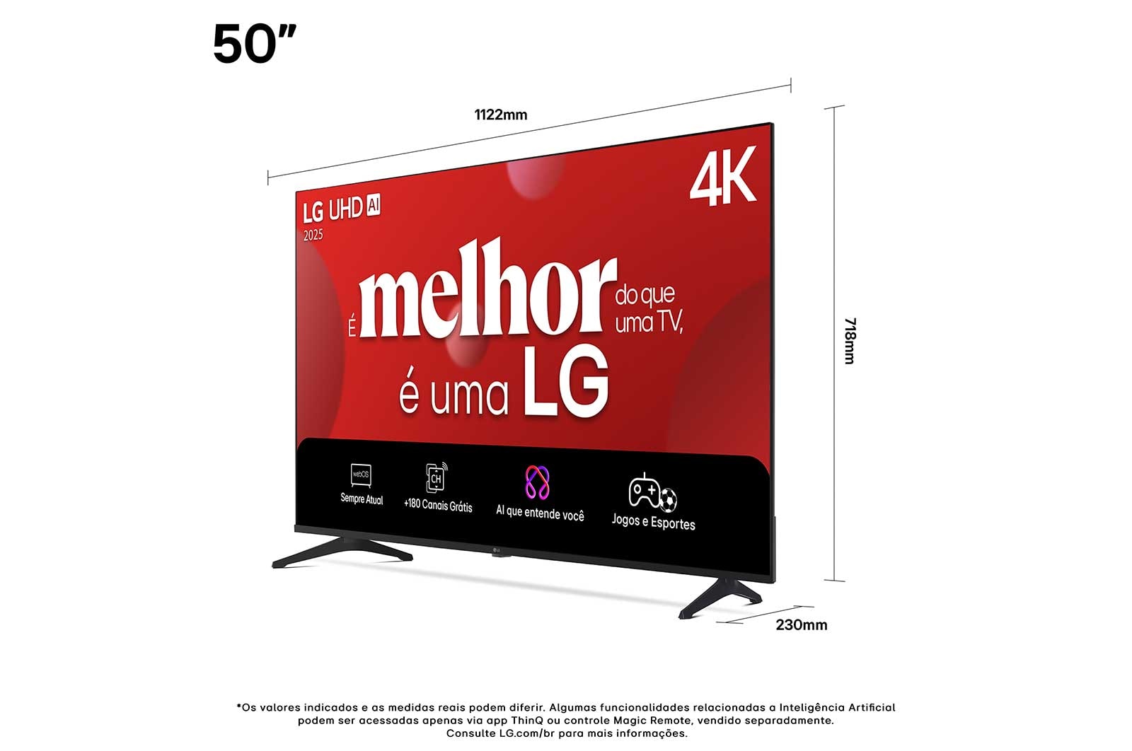 Vista frontal e lateral da Smart TV 4K LG UHD AI UA75, mostrando suas dimensões de comprimento, largura, altura e profundidade.