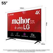 Vista frontal e lateral da Smart TV 4K LG UHD AI UA75, mostrando suas dimensões de comprimento, largura, altura e profundidade.