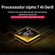 O processador alpha 7 AI Gen8 se ilumina de amarelo, e raios de luz coloridos saem dele. O título fala sobre como o processador oferece qualidade 4K, cores e brilho impressionantes.