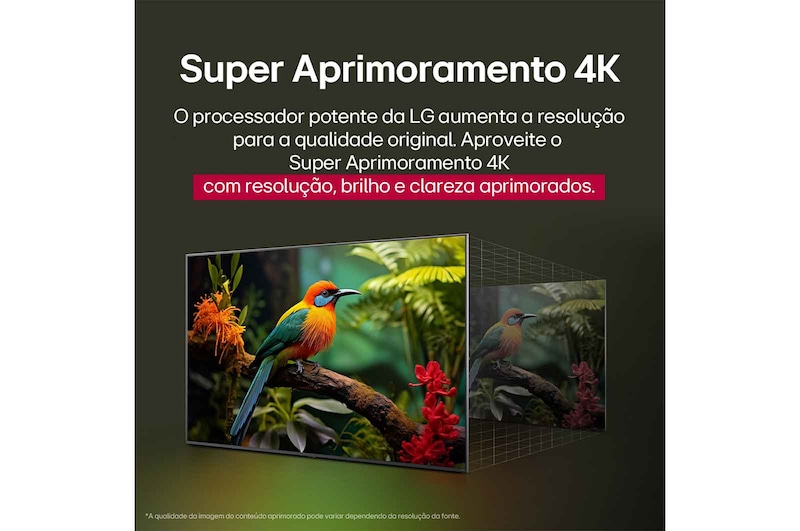 Comparação antes e depois de como o LG 4K Super Upscaling melhora a qualidade da imagem. Dois painéis mostrando a mesma imagem de um pássaro colorido pousado em um galho em uma floresta; o painel da direita está desbotado. O título fala sobre como o 4K Super Upscaling melhora a resolução, o brilho e a nitidez. 