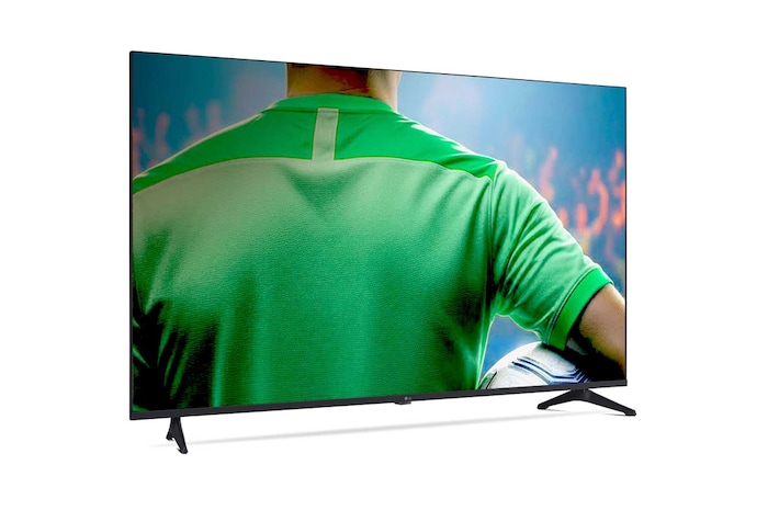 Vista frontal e lateral da Smart TV 4K LG UHD AI UA75, mostrando suas dimensões de comprimento, largura, altura e profundidade.