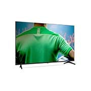 Vista frontal e lateral da Smart TV 4K LG UHD AI UA75, mostrando suas dimensões de comprimento, largura, altura e profundidade.