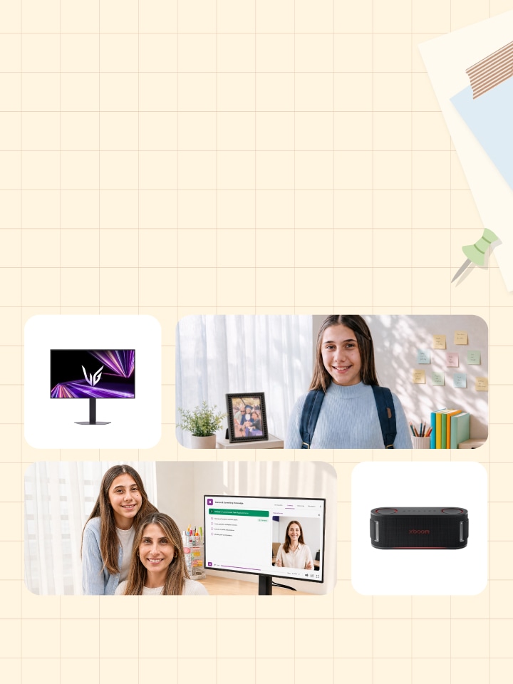 Colagem de imagens exibindo um monitor LG UltraGear, uma estudante com mochila, uma mãe e filha sorrindo ao lado de um computador e uma caixa de som portátil Bluetooth.