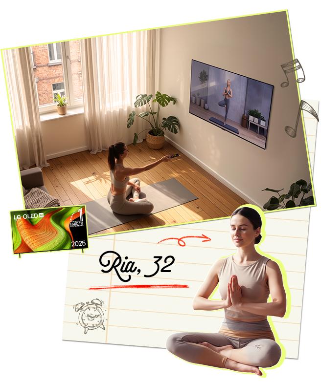 Mulher praticando yoga pela manhã em casa enquanto acompanha um treino na TV	