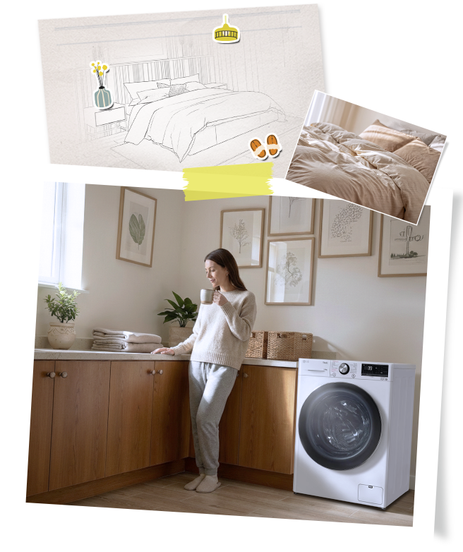 Mulher renovando a roupa de cama com uma lavadora-secadora LG como parte de uma rotina tranquila de fim de semana
