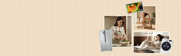 Banner de lifestyle mostrando rotinas do dia a dia em casa com eletrodomésticos LG	