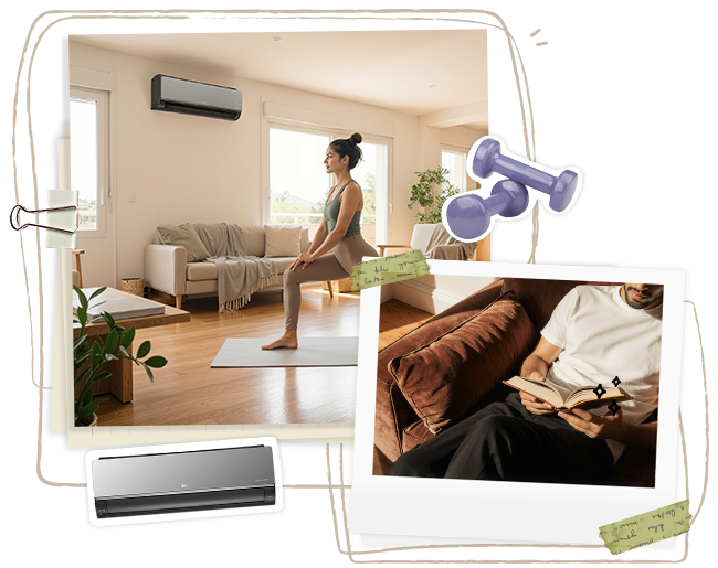 Uma imagem em estilo colagem de uma mulher se exercitando sob o ar-condicionado enquanto assiste TV, e um homem lendo no sofá.	