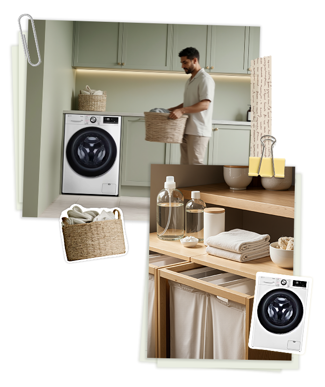 Uma imagem em estilo colagem de um homem indo até a máquina de lavar para preparar a roupa, com um close-up de um cesto de lavanderia.