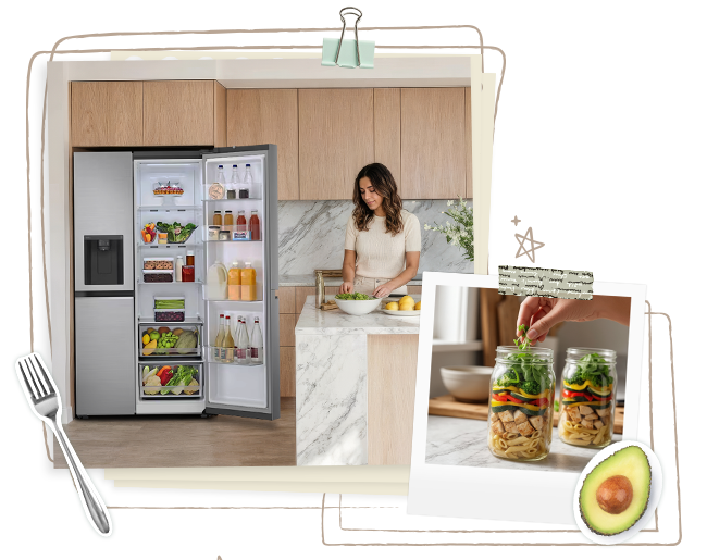 Uma imagem em estilo Polaroid de uma pessoa organizando compras na geladeira, em uma cozinha com tons amadeirados, com potes de marmita e adesivos na geladeira.	