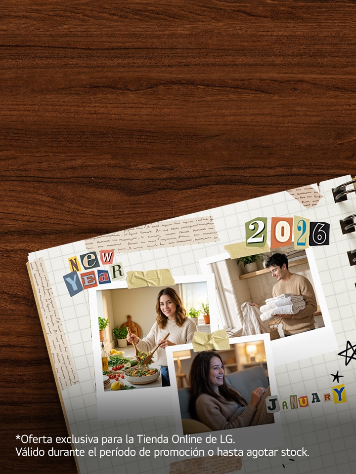 Un diario sobre un escritorio de madera, con un collage de decoraciones de Año Nuevo y fotos Polaroid de personas disfrutando los electrodomésticos LG.	