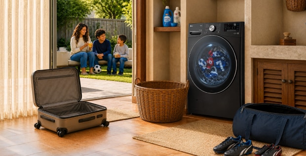 Imagem com uma pessoa e eletrodomésticos LG.