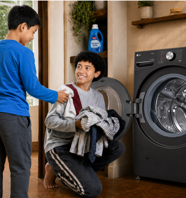 Duas crianças organizando roupas ao lado de uma lavadora LG frontal na lavanderia