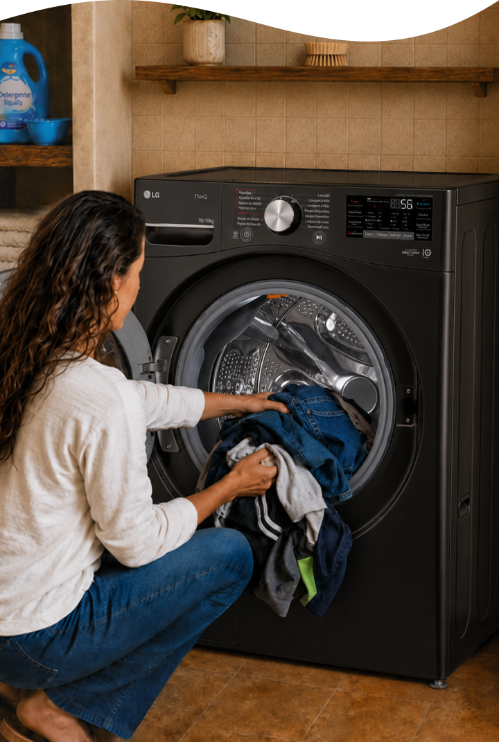 Mãe colocando roupas em uma lavadora LG frontal na lavanderia