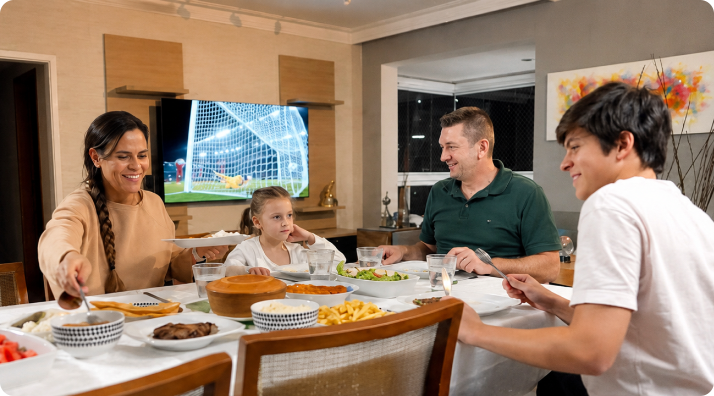 Una familia reunida en la mesa, mientras el partido sigue sonando en el TV detrás de ellos.