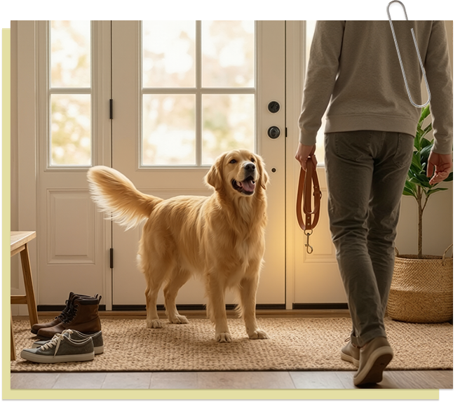 Golden retriever esperando perto da porta, enquanto o dono segura a guia, em um hall de entrada aconchegante.