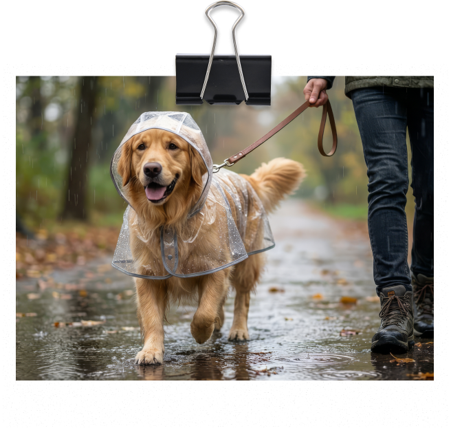 Golden retriever usando capa de chuva, caminhando por um caminho molhado ao lado do dono durante um passeio na chuva.
