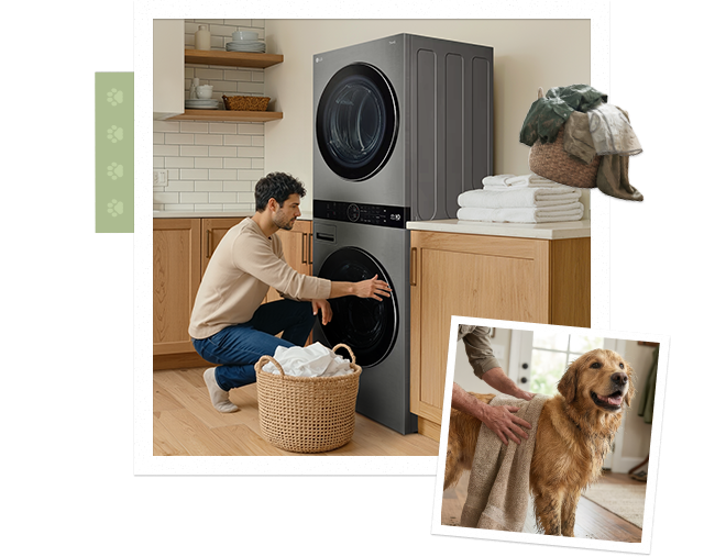Homem colocando roupas na máquina de lavar enquanto um golden retriever fica ao lado, em um ambiente interno acolhedor.