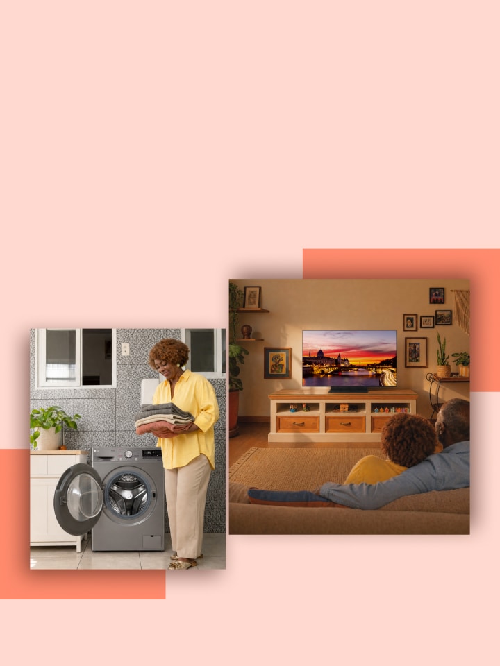 Imagem-chave de estilo de vida mostrando rotinas diárias em casa com eletrodomésticos LG. *Oferta exclusiva da Loja Online LG. Válida durante o período promocional ou enquanto durarem os estoques.