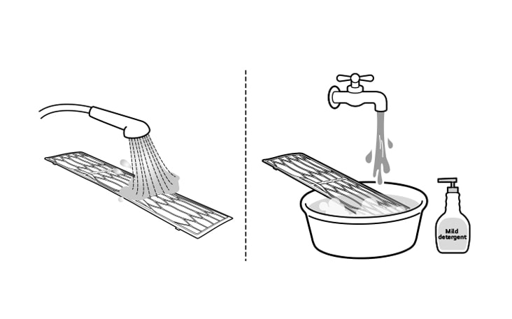 Remova o filtro extrafino e, se houver algum contaminante no filtro extrafino, lave-o em água corrente Se houver muita sujeira ou outros contaminantes no filtro ultrafino, deixe o filtro de molho em água com um detergente neutro e depois lave-o