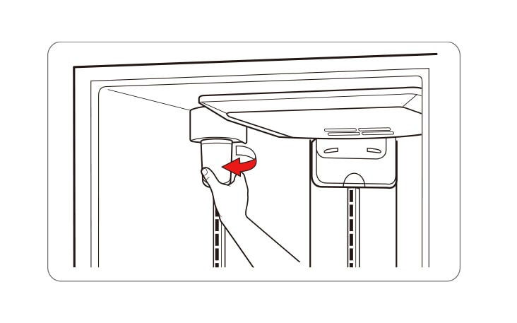 Mão removendo o filtro de água do refrigerador LG, ilustrado com seta vermelha indicando a direção.
