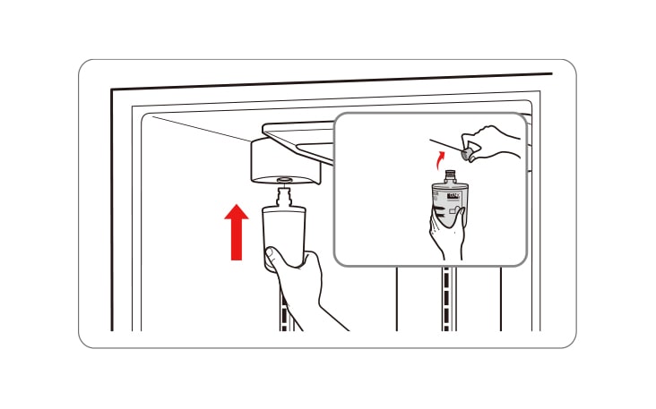 Instrução de instalação de filtro de água em refrigerador LG, mostrando mão encaixando e apertando o filtro.