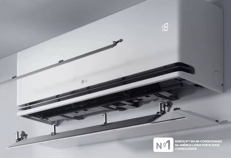 Animação que mostra como a Aleta Dupla do ar-condicionado LG DUAL Inverter AI Air expande o fluxo de ar pelo ambiente